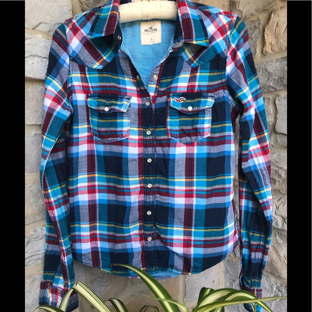Hollister Terrific Teal Blue Plaid  Shirt Size S